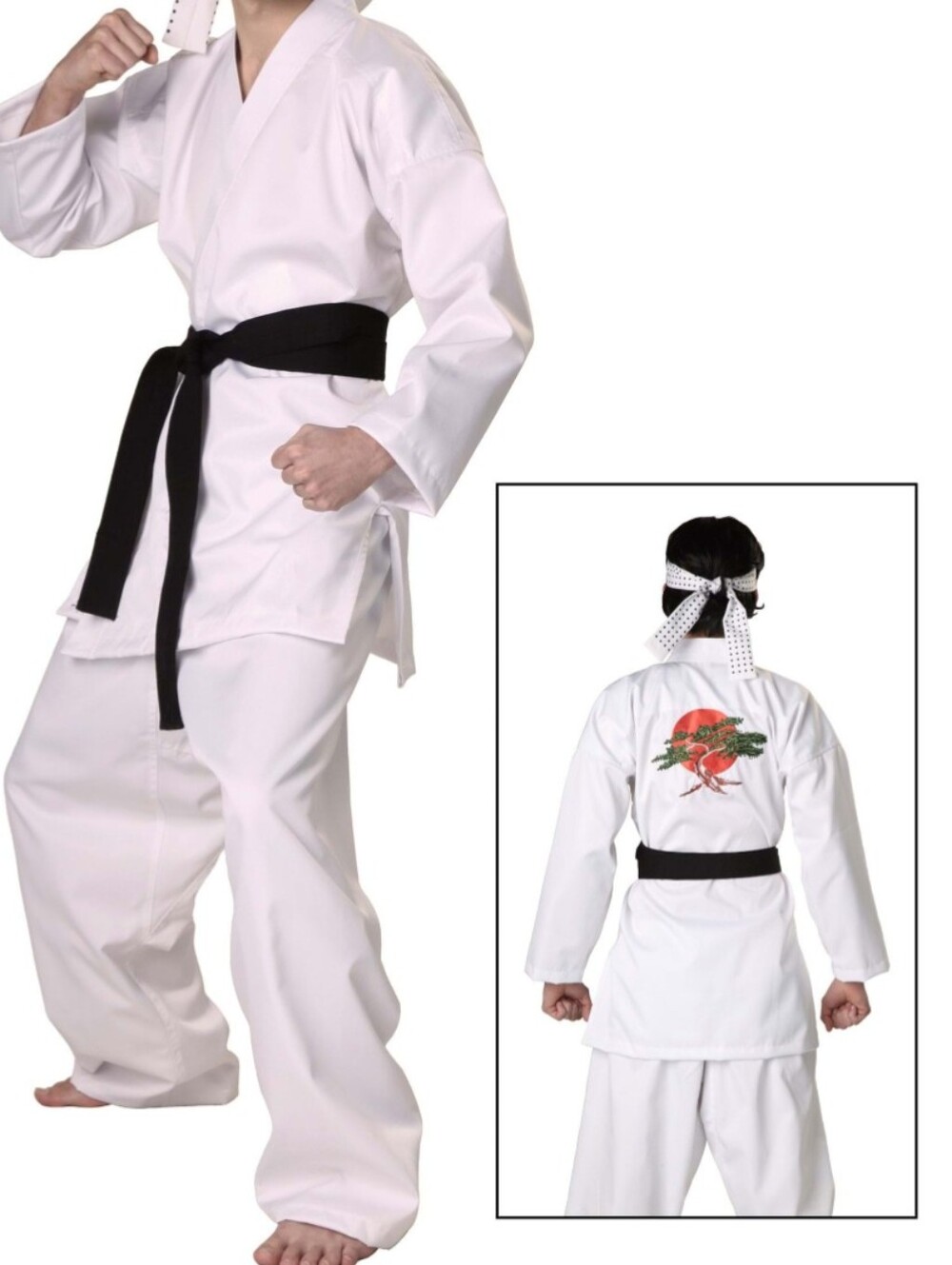 Kids White Karate Gi Costume with Black Belt and Back Emblemn NO HEADBAND
